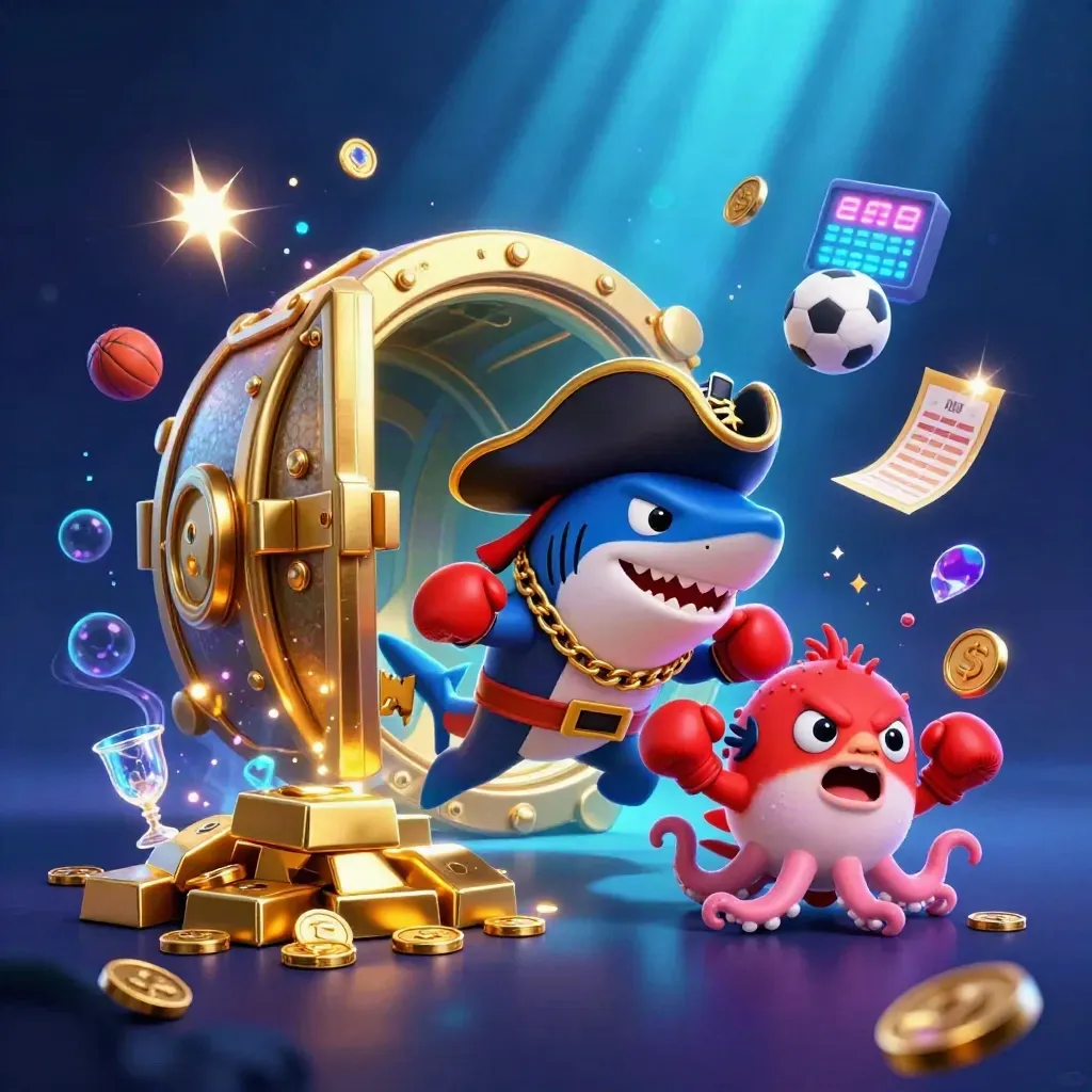 Pirate shark, pufferfish, and octopus amid gold, sports balls, and neon vault light.