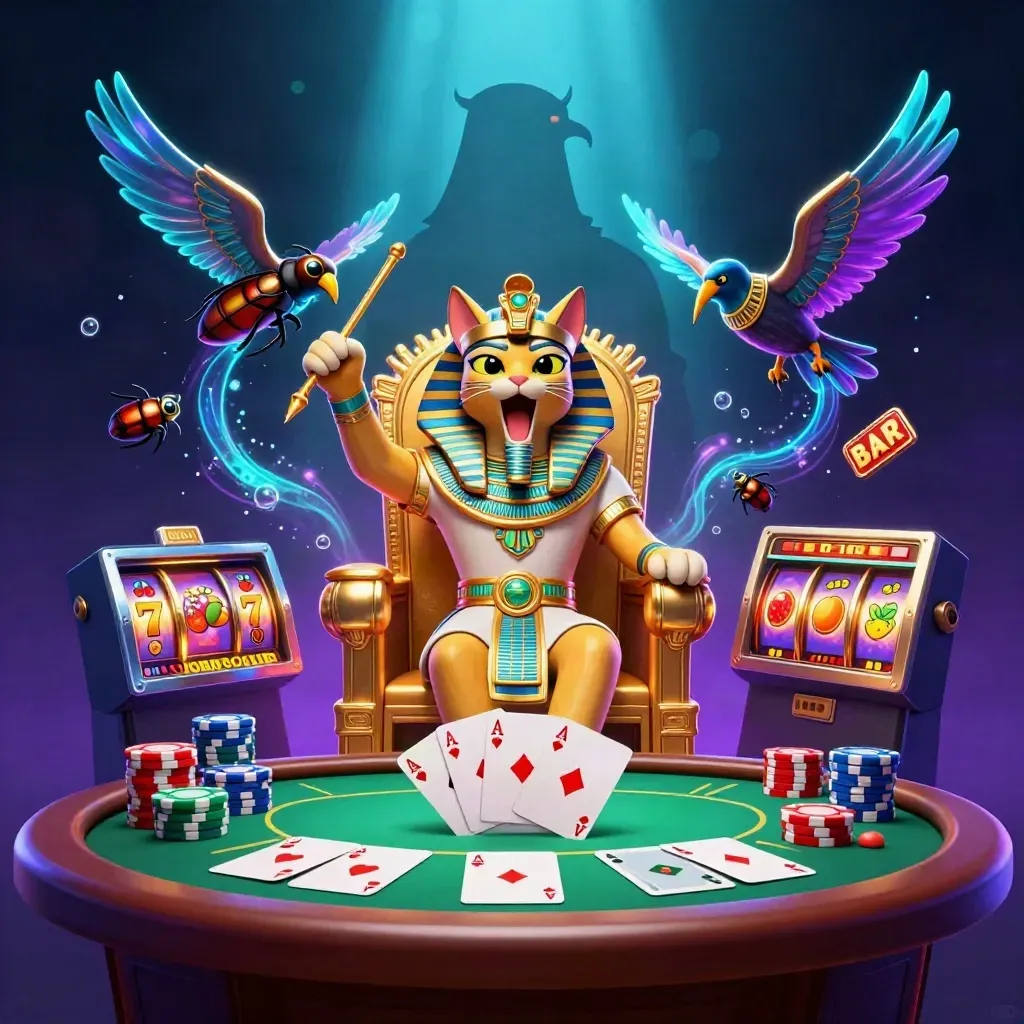 Pharaoh cat, ibis scribe and gem scarabs amid slots, chips and neon casino glow.