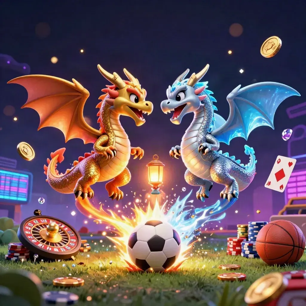 Gold and silver dragons clash above a soccer ball amid casino coins, chips, cards, and neon light.