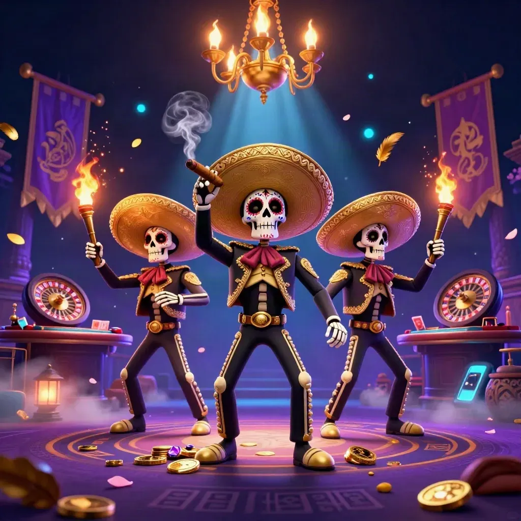 Skeleton mariachi trio in a neon casino hall with gold smoke, roulette, temple gate, and blue bokeh
