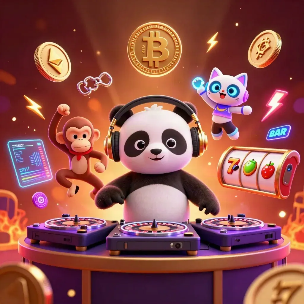 DJ panda, monkey, and rave kitten amid neon crypto casino effects
