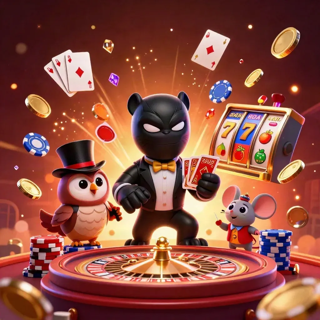 Black panther, owl, and mouse amid gold coins, chips, cards, slots, and fireworks.