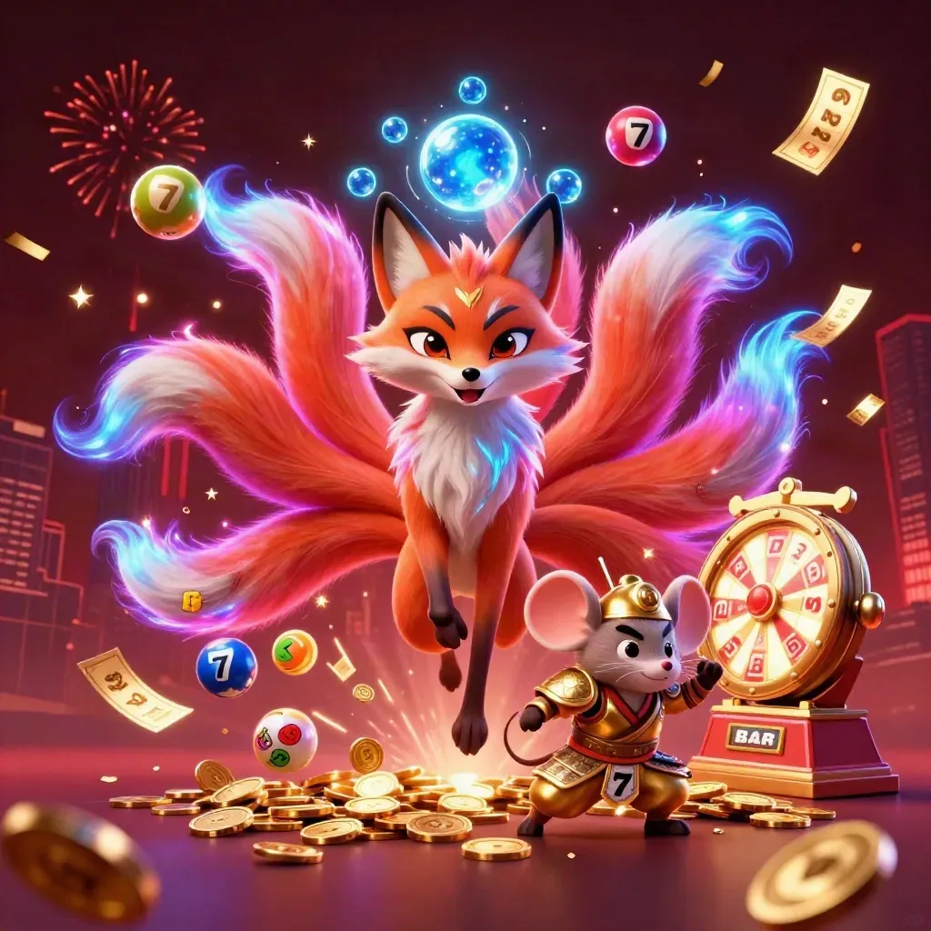 Neon fox spirit and samurai mouse amid coins, reels, fireworks, and casino loot.