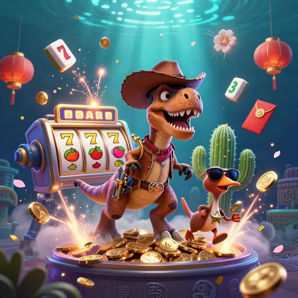 Cowboy T-Rex, cactus sidekick and roadrunner celebrate amid coins, fireworks and neon jackpots.