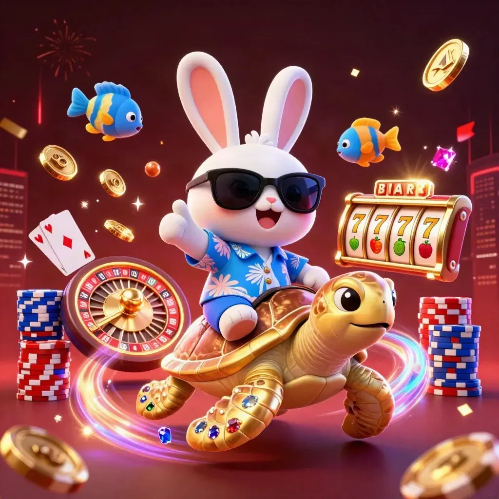 Lucky rabbit rides a golden turtle amid coins, cards, chips, reels, and neon casino effects.