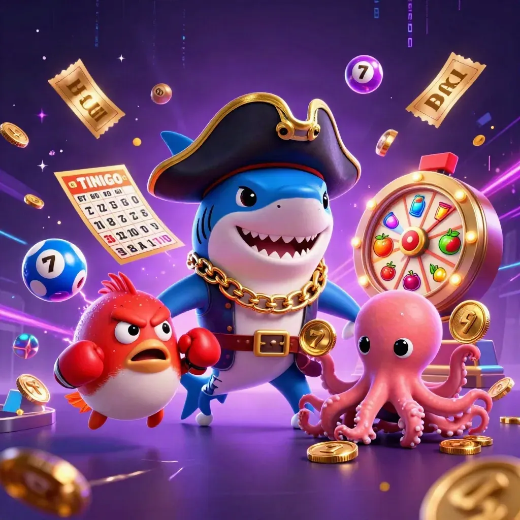 Pirate shark, boxing pufferfish, and juggling octopus burst through neon casino effects.