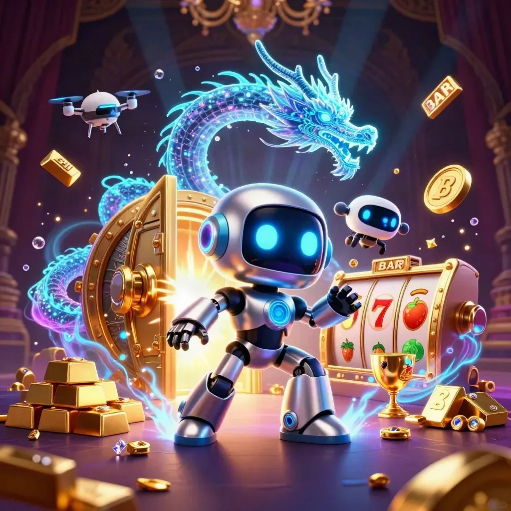 Cyberpunk robot, holographic dragon, and coin drone amid vault gold, gems, and neon casino effects.